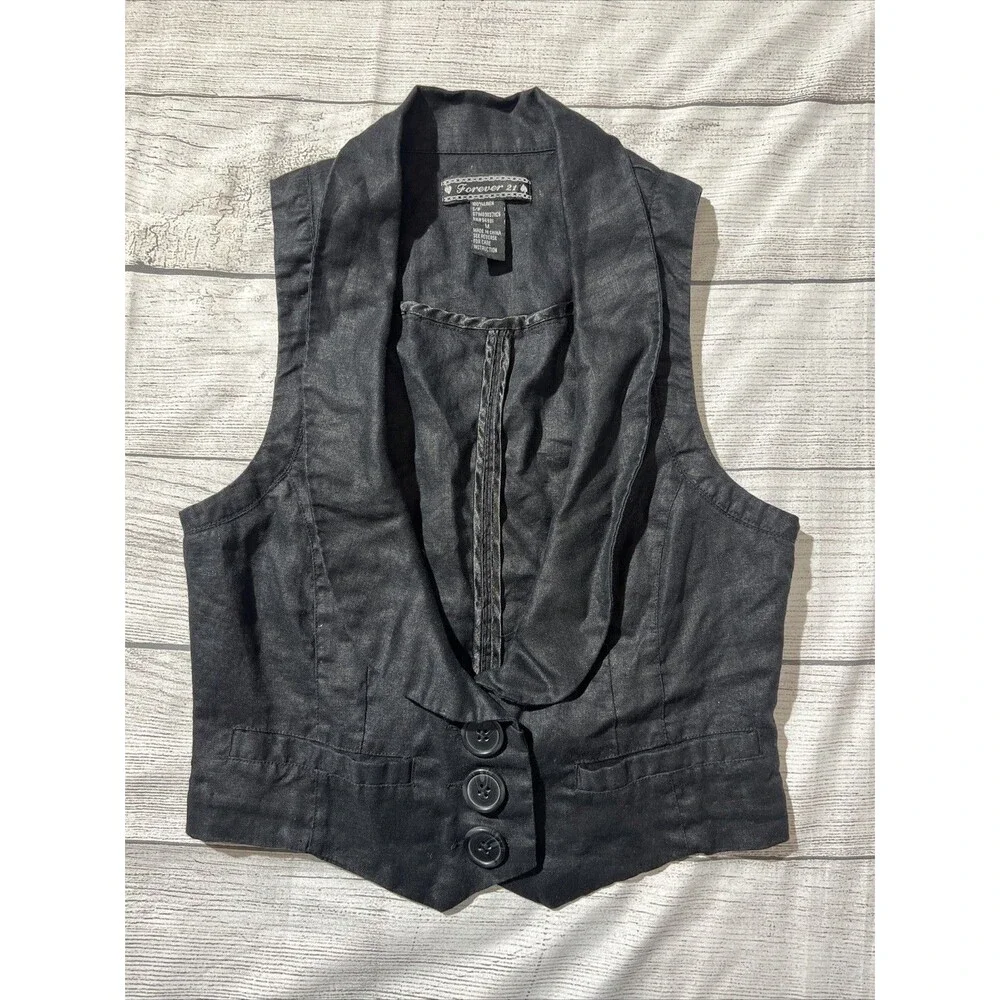 Vtg Forever 21 Y2K Deep V Vest Collared Crop Fitted Vest Black 100% Linen Sz M